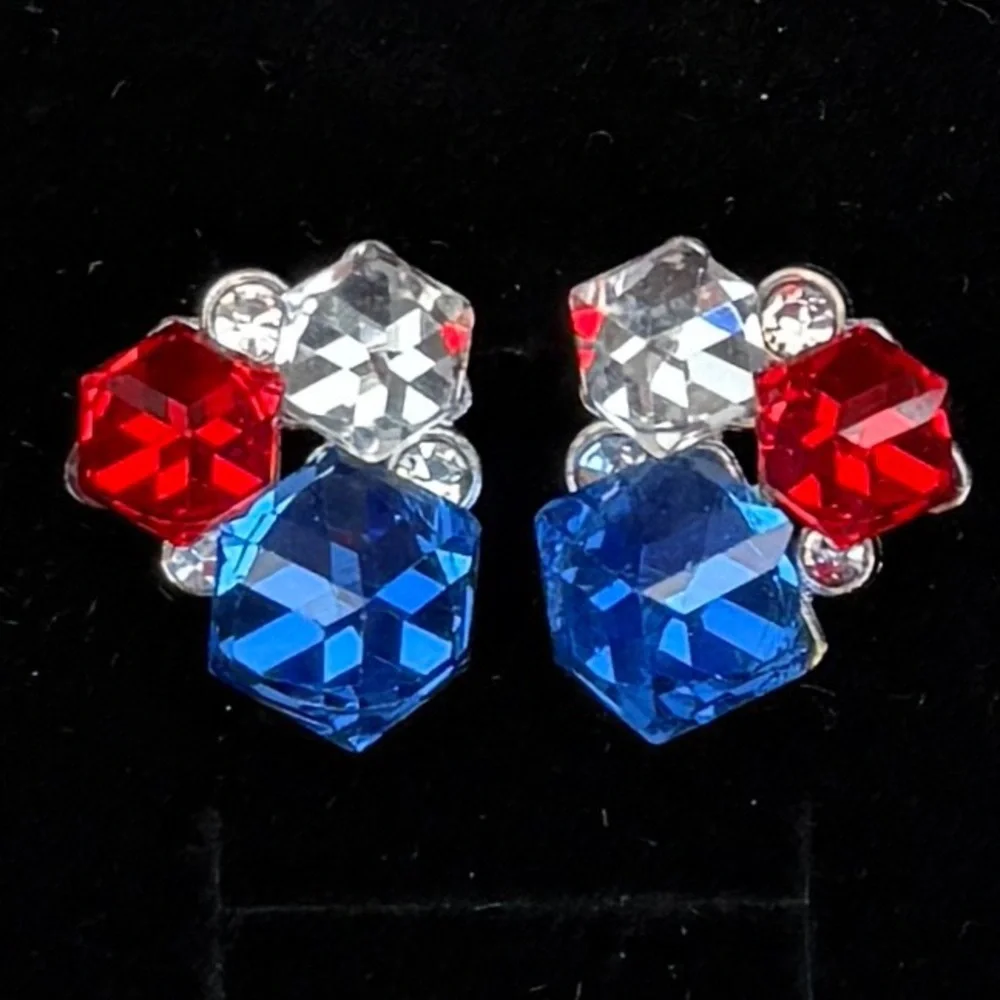 Custom, red, clear and blue pierced bling earrings